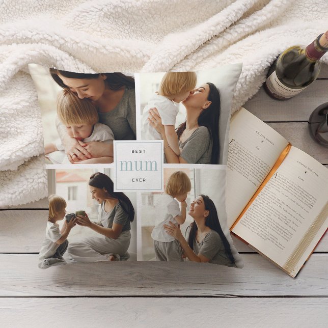 Beste Mama-Ever | Aqua & White Kids Foto Collage Kissen (Von Creator hochgeladen)
