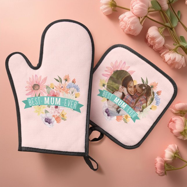 Beste Mama-Ever | Blühende Wildblumen Foto Herz Ofenhandschuh & Topflappen-Set (Best Mum Ever | Blooming Wildflowers Heart Photo Oven Mitt & Pot Holder Set)