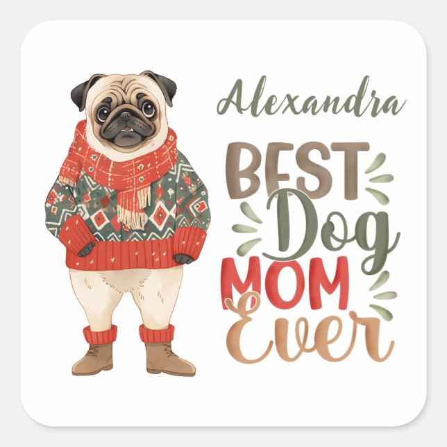 Beste Mama für Hunde je Mops Wasserfarbe Quadratischer Aufkleber (Vorderseite)