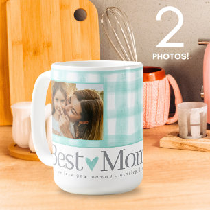Beste Mama je 2 Foto Gingham Hearts Mother Day Kaffeetasse
