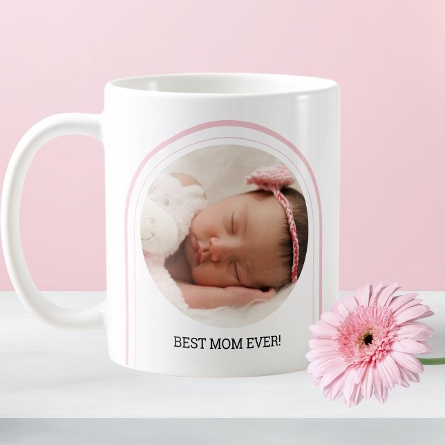 Beste Mama je 2 Foto Rosa Modern Arch Baby Name Kaffeetasse (Best Mom Ever 2 Photo Pink Modern Arch Baby Name Coffee Mug)