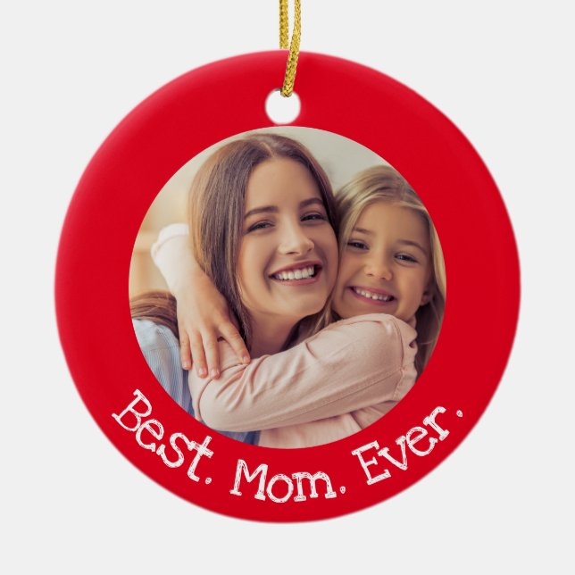 Beste Mama je 2 Foto Spaß Rot und Weiß Weihnachten Keramik Ornament (Vorne)