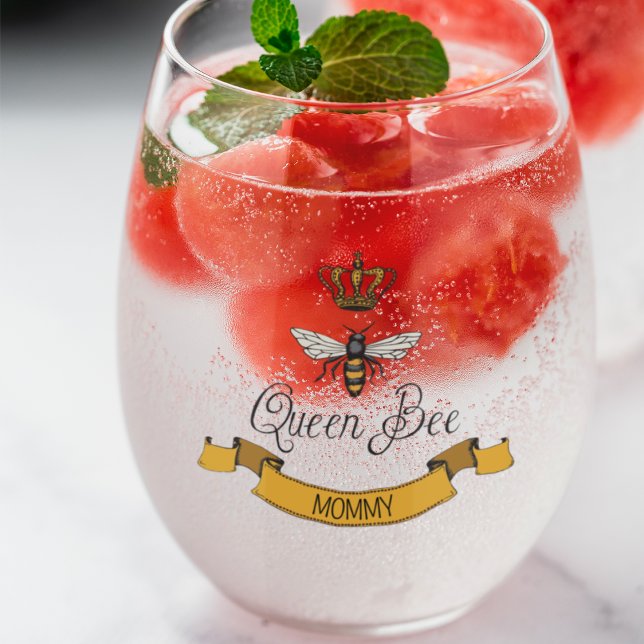 Beste Mama je 2 Fotos & Name Royal Queen Bee Weinglas Ohne Stiel (Beautiful Royal Queen Bee & Gold Scroll with Customizable Texts on Front and Back. 2 Custom Photos)
