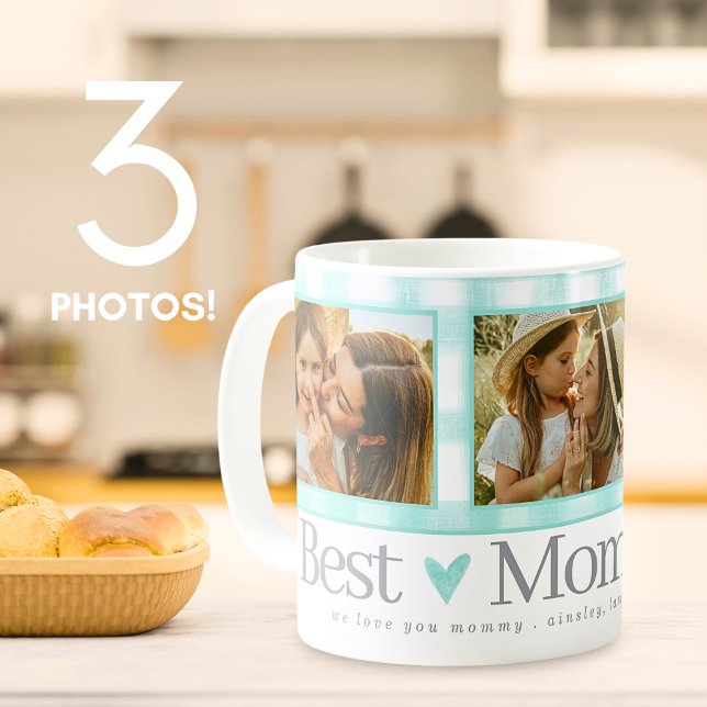 Beste Mama je 3 Foto Gingham Hearts Mother Day Kaffeetasse (Von Creator hochgeladen)