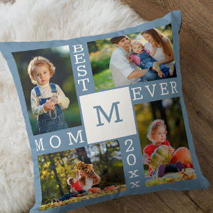 Beste Mama je 4 Foto Collage Blue White Monogram Kissen