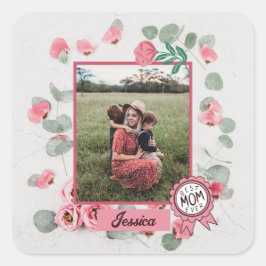 Beste Mama je Abzeichen Name des Fotos Quadratischer Aufkleber