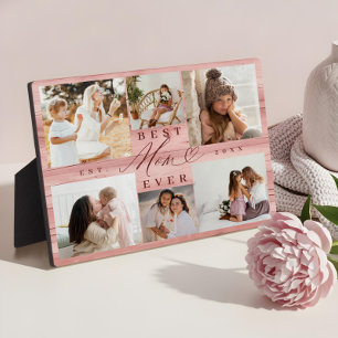 Beste Mama je Familienfoto Collage Rosa Holzkörner Fotoplatte