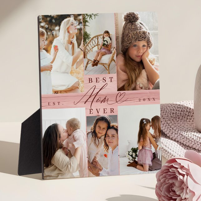 Beste Mama je Familienfoto Collage Rosa Holzkörner Fotoplatte (Best Mom Ever Family Photo Collage Pink Woodgrain Plaque)