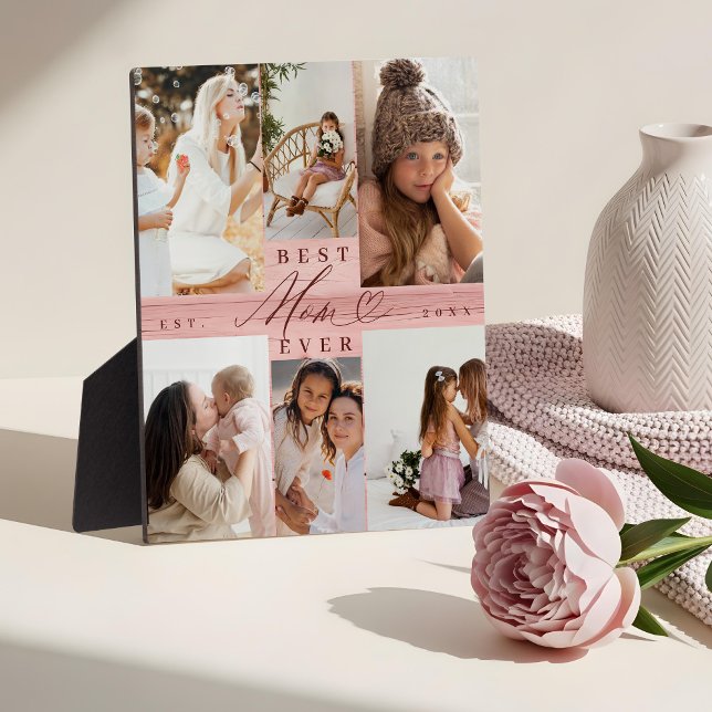 Beste Mama je Familienfoto Collage Rosa Holzkörner Fotoplatte (Best Mom Ever Family Photo Collage Pink Woodgrain Plaque)