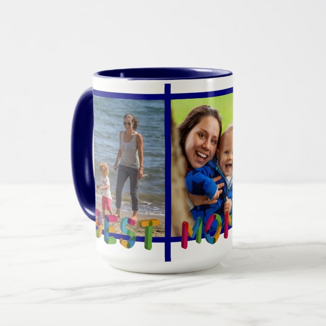 Beste Mama je Foto Collage Personalisiert blau Tasse (Vorderseite Links)