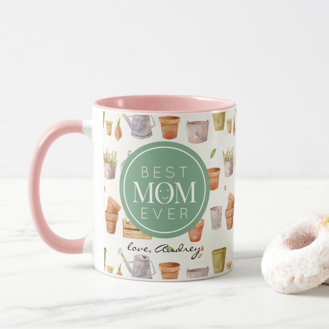 Beste Mama je Gartenwerkzeug-Muster Tasse (Mit Donut)