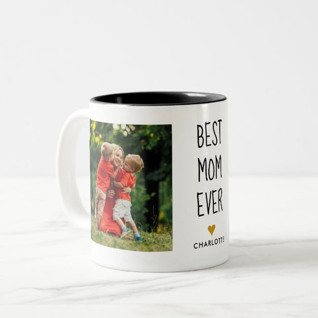 Beste Mama je Gold Herzstück 2 Foto Zweifarbige Tasse (Vorderseite Links)