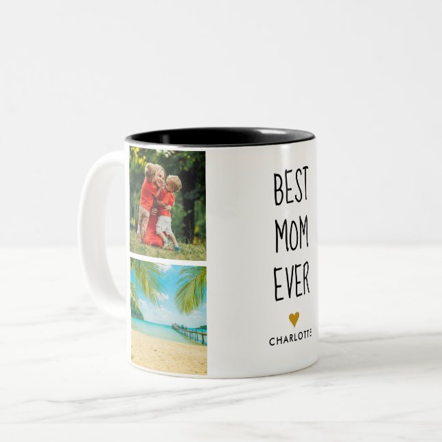 Beste Mama je Goldenes Herz 4 FotoCollage Zweifarbige Tasse (Vorderseite Links)