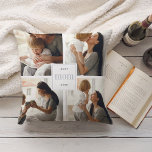 Beste Mama je | Graue und weiße Kinder FotoCollage Kissen<br><div class="desc">Schenken Sie Mama diesen Muttertag ein Geschenk mit diesem Kissen aus vier Fotos. "Beste Mama je" erscheint in der Mitte in hellgrauem Set auf einem weißen Platz. Mit vier quadratischen Fotos individuell anpassen. Die Rückseite weist graue und weiße Streifen auf.</div>