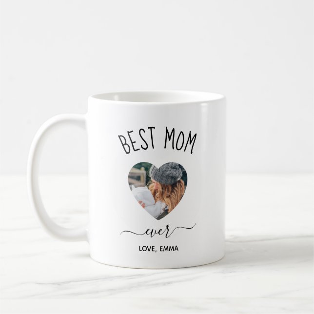 Beste Mama je kundenspezifisches Foto Herz-Kaffee- Kaffeetasse (Links)