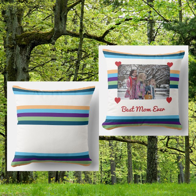 Beste Mama je Liebe Foto Farbbänder machen Ihre Kissen (Best Mom Ever. Personalized photo pillow for Mother's Day with minimalist, modern color bands)