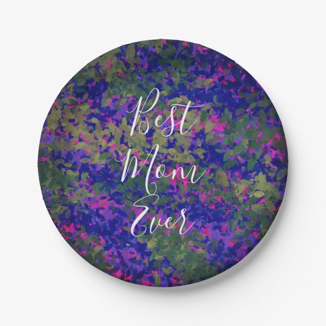 Beste Mama je Lila Blauer Garten Blütenfarbe Pappteller (Vorderseite)