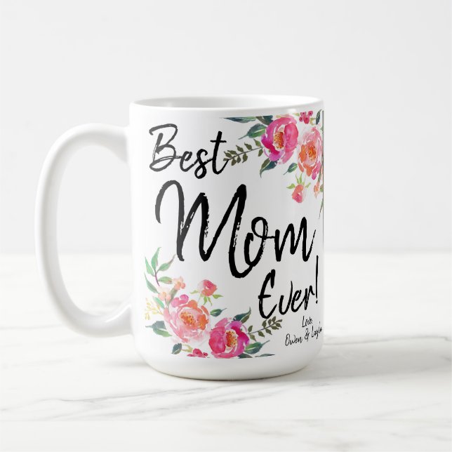 beste Mama je mit Fotos und Datum Kaffeetasse (Links)