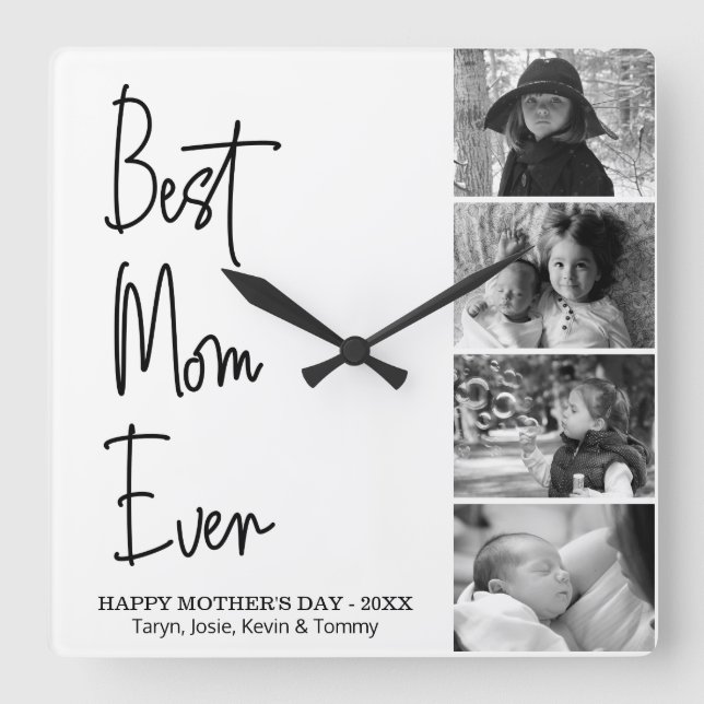 Beste Mama je Muttertag Schwarz-Weiß-Foto  Quadratische Wanduhr (Vorderseite)
