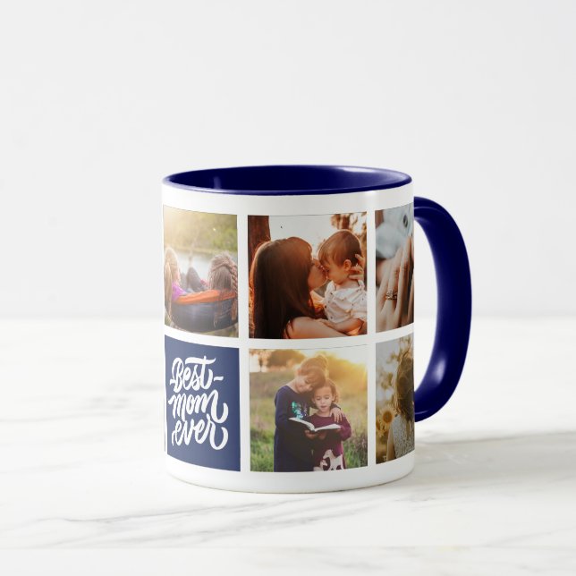 Beste Mama je Personalisiert Foto Collage Navy Blu Tasse (VorderseiteRechts)