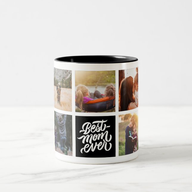 Beste Mama je Personalisierte Fotocollage Schwarz Zweifarbige Tasse (Mittel)