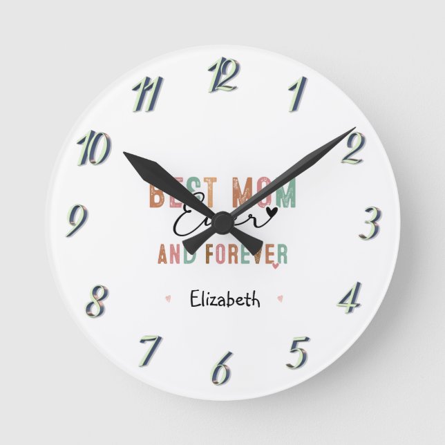 Beste Mama je Retro Script Groovy Mutter Tag Runde Wanduhr (Vorderseite)