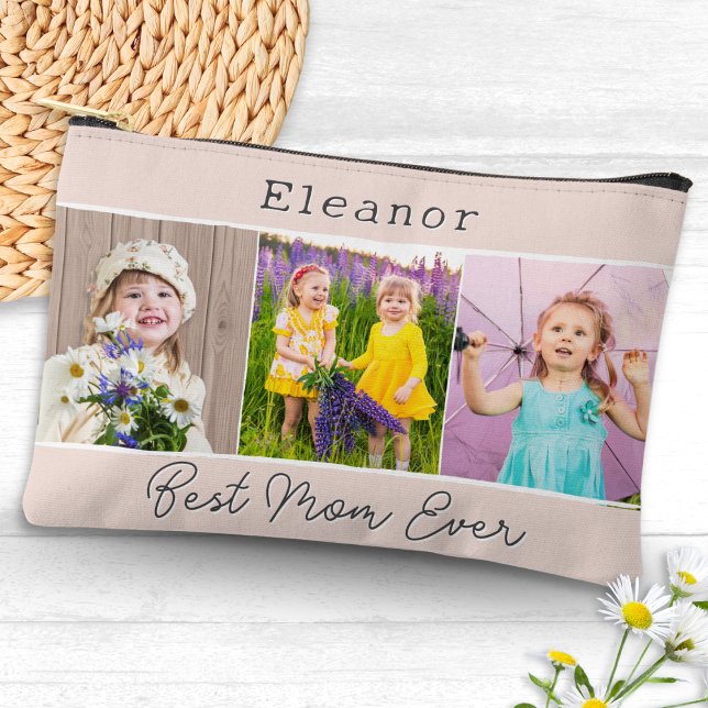 Beste Mama je rosa 3 Fotos Mit Monogramm Zubehörtasche (A pretty accessory pouch for the 'Best Mom Ever', with custom photos, name, and monogram on the back)