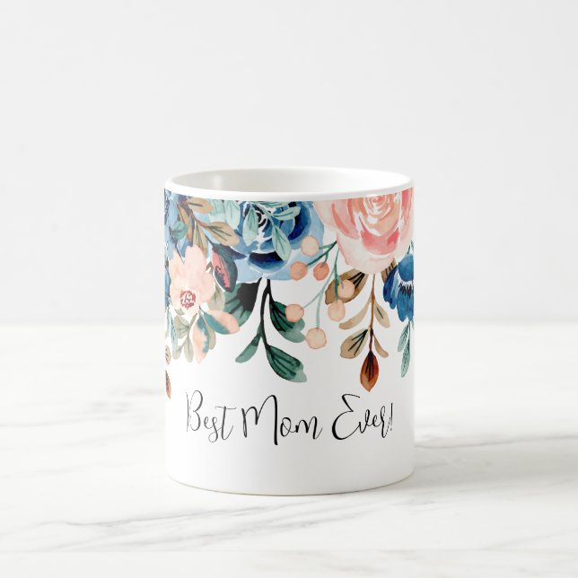 Beste Mama je rosa und blaue Aquarellfarben Blume Kaffeetasse (Mittel)