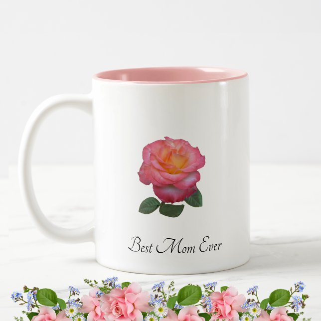 Beste Mama je Rose Blume und Monogramm Zweifarbige Tasse (Von Creator hochgeladen)