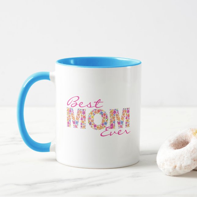 Beste Mama je Tasse Rosa farbenfrohe Blumencoffee  (Mit Donut)