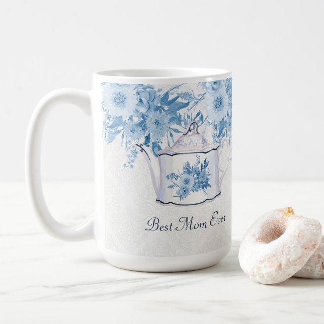 Beste Mama je Teapot Dusty Blue n White Floral Kaffeetasse (Mit Donut)