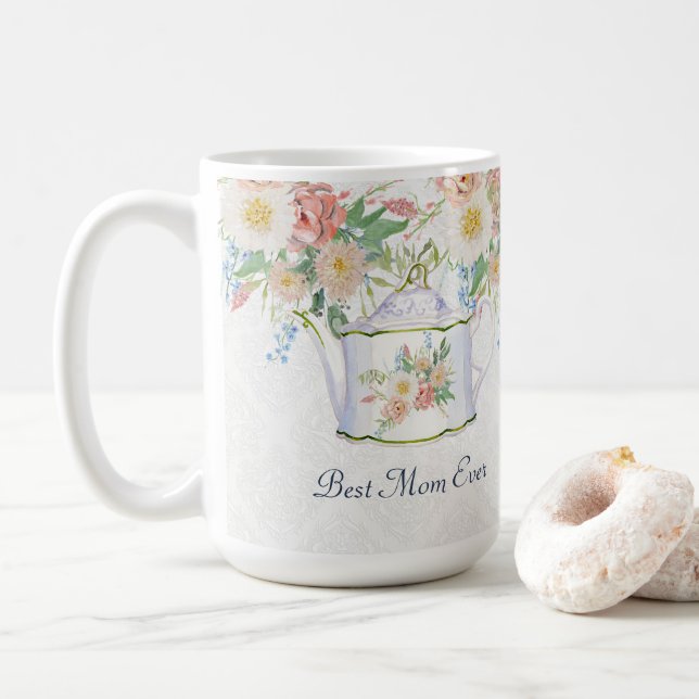 Beste Mama je Teapot Pink Blue n White Blumen Kaffeetasse (Mit Donut)