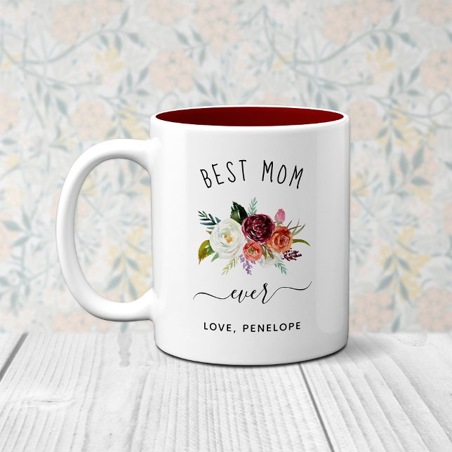 Beste Mama je | Trendy Burgundy Boho Floral Zweifarbige Tasse (Von Creator hochgeladen)