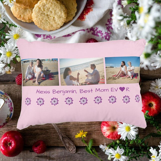 Beste Mama je, w/herz. Name + 3 Fotos Collage Dekokissen (Best Mom Ever. Heart. Personalized name. Collage of 3 photos. Modern, cute Mother's Day gift for Mom)