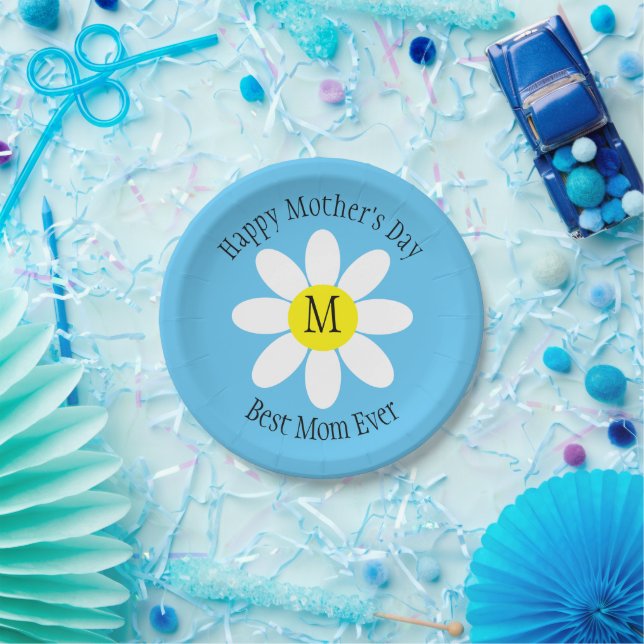 Beste Mama je White Daisy Sky Blue Single Initial Pappteller (Party)