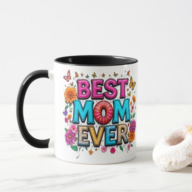 Beste Mama je Zitat Schmetterlinge bunte Blume Tasse (Mit Donut)