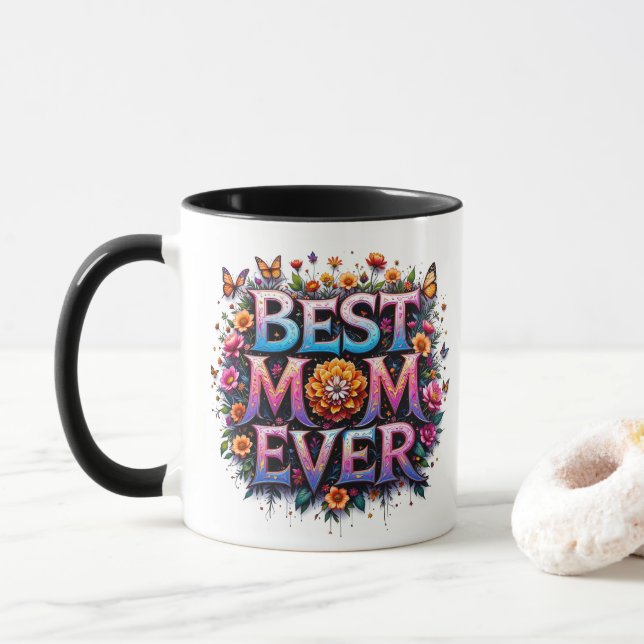 Beste Mama je Zitat Schmetterlinge bunte Blume Tasse (Mit Donut)