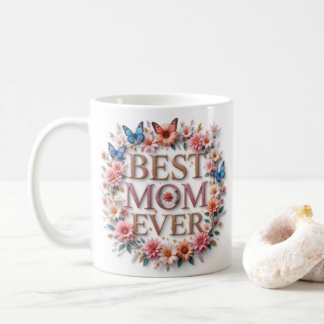 Beste Mama je Zitat Schmetterlinge und Blume Kaffeetasse (Mit Donut)