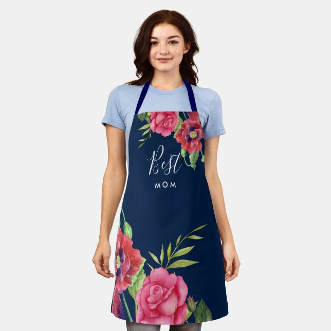 Beste Mama Moderne Rosa Blume in Dunkelnavy Schürze (Getragen)