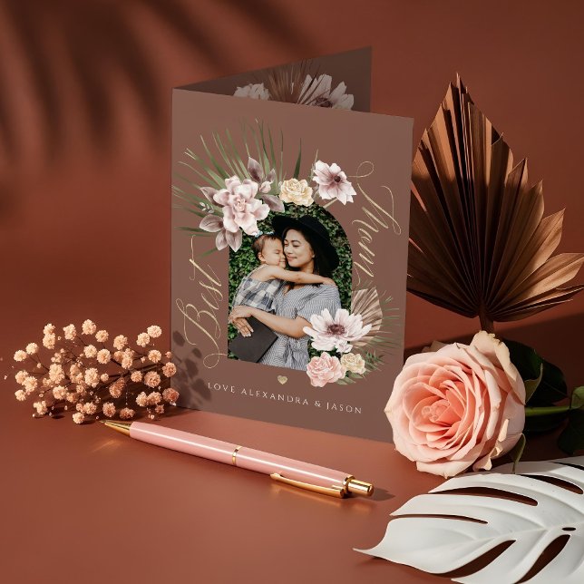Beste Mama Modernes Bohemisches Florenz Foto Karte (Best Mom Modern Bohemian Watercolor Florals Photo Card)