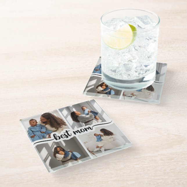 Beste Mama Personalisiert 4 FotoCollage Glasuntersetzer (Schrägansicht)