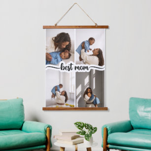 Beste Mama Personalisiert 4 FotoCollage Wandteppich Mit Holzrahmen