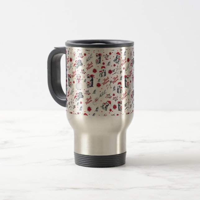 Beste Mama Pinguin Weihnachtsmuster Reisebecher (Vorderseite Links)