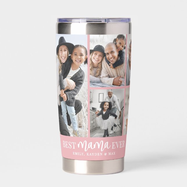 Beste Mama Pink Fotocollage Thermobecher (Vorderseite)