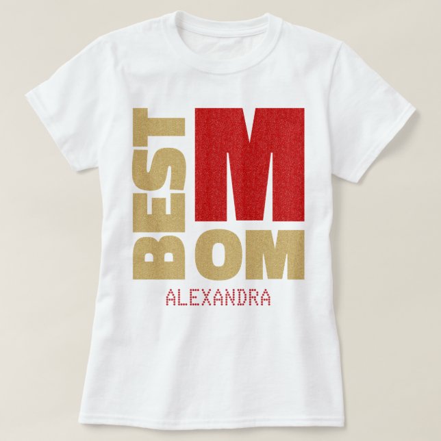 Beste Mama Red Gold Glitzer Name kundenspezifisch T-Shirt (Design vorne)