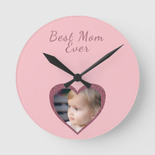 Beste Mama Rosa Herz Custom Kids Foto Runde Wanduhr