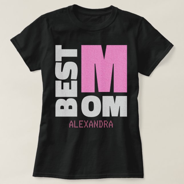 Beste Mama Silver Pink Glitzer Name angepasst T-Shirt (Design vorne)