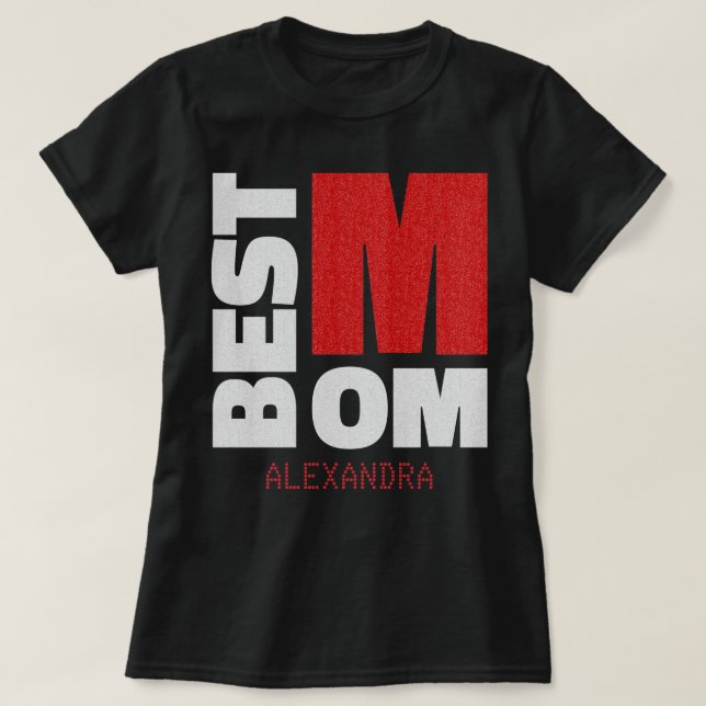 Beste Mama Silver Red Glitzer Name Angepasst T-Shirt (Design vorne)