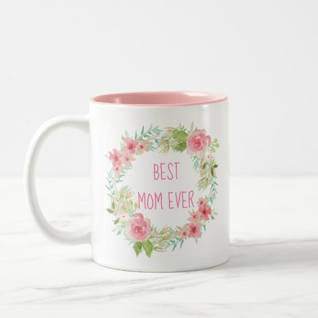 "Beste Mama-überhaupt" Rosa-BlumenTasse Zweifarbige Tasse (Links)