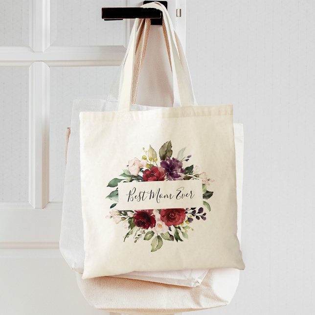 Beste Mama Wasserfarbe Burgund Grünpflanzen Blumen Tragetasche (Best Mom Watercolor Burgundy Greenery Floral Frame Tote Bag)